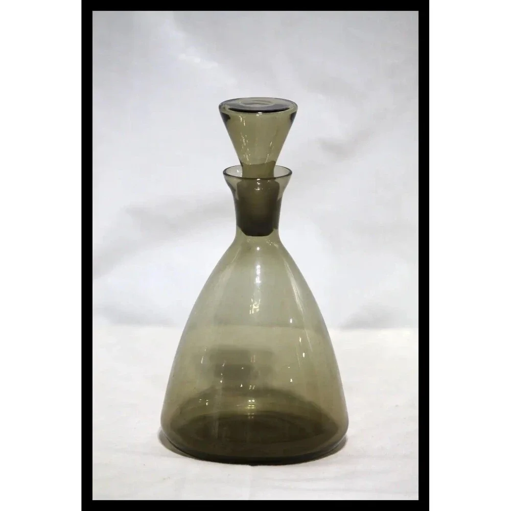 Vintage MCM Smoke Gray Glass Decanter w/ Glass Stopper Pour Spout Mid Century
